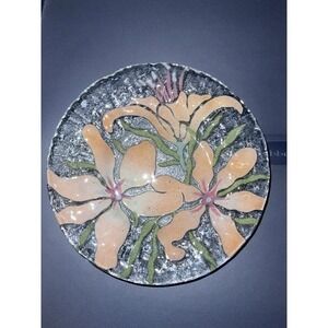 Sydenstricker Fused Art Glass 7 In. Plate Stargazer Lily Pattern Peach Floral